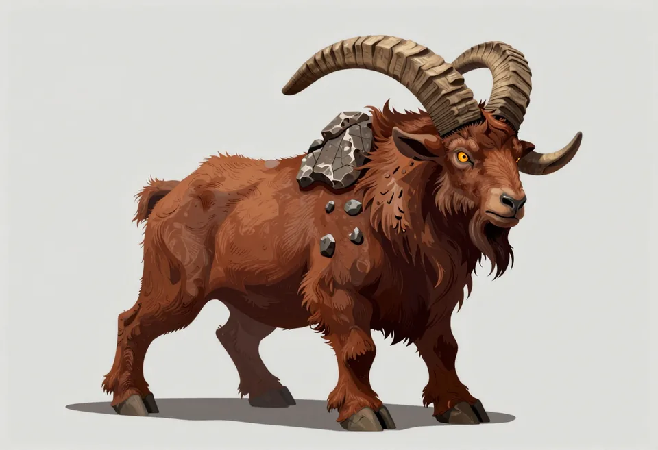 A Gore-Horn: a huge shaggy red mountain ram with curled horns and stones fused into its hide.