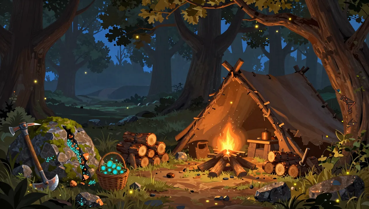 A hide lean-to in an oak forest at dusk: a campfire, stacked logs, a basket of glowing mana herbs and a pickaxe against a boulder split by a glowing ore seam, with fireflies.