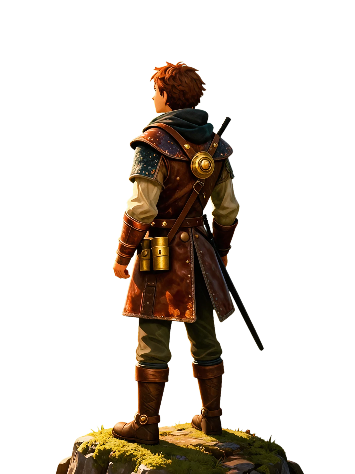 An outcast artificer stands on a mossy rock above a valley village at dawn.