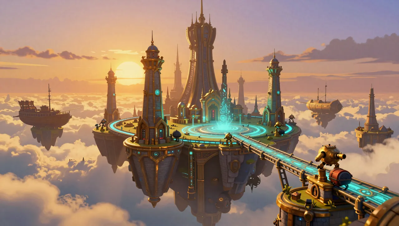 A floating capital at sunset: castle towers on an island above a sea of cloud, a glowing teleport ring at its heart, a rune mag-rail bridge, brass golems and airships docking alongside.