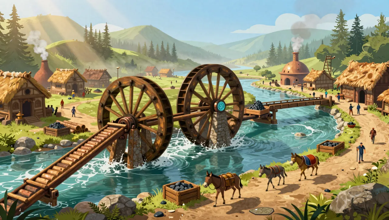 Two great waterwheels turn in a turquoise river beside a wooden chute, with pack mules, crates of ore, thatched cottages and a domed kiln in the morning sun.